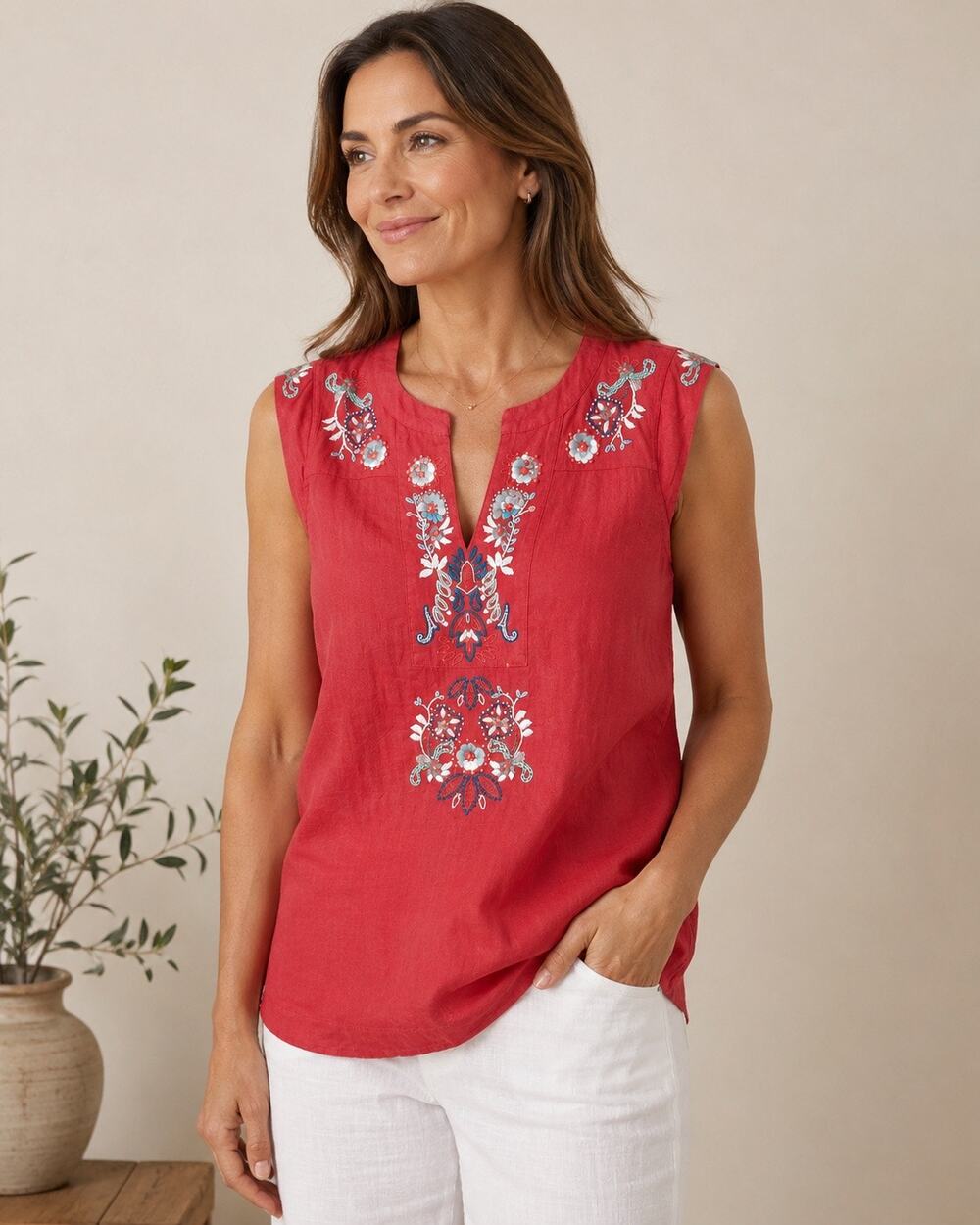 Vineyard Vines Womens S Coral Linen Blend Embroidered Floral Boho Sleeveless Top